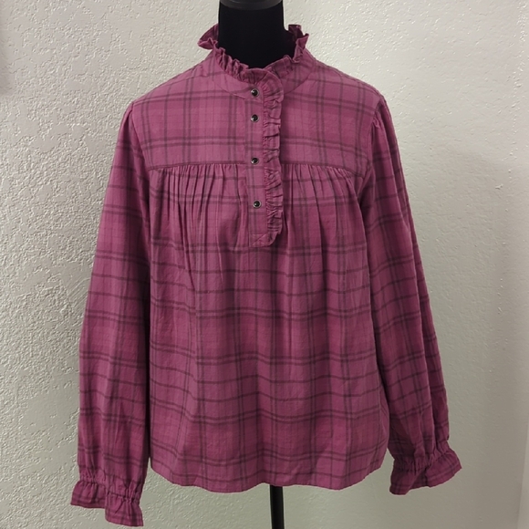 ba&sh Fuchsia Checkered Ruffle Blouse - Picture 2 of 8